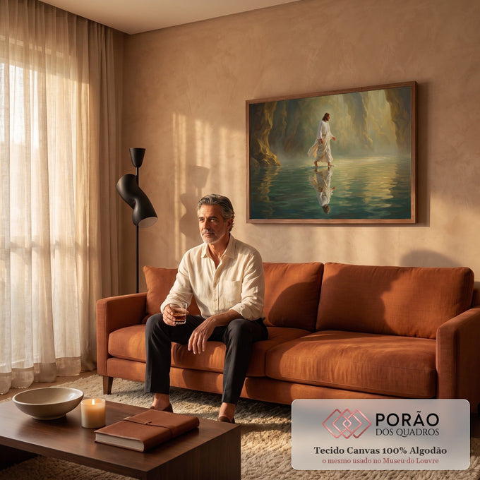 Jesus de túnica branca caminhando sobre as águas em cânion dourado com reflexo, quadro decorativo