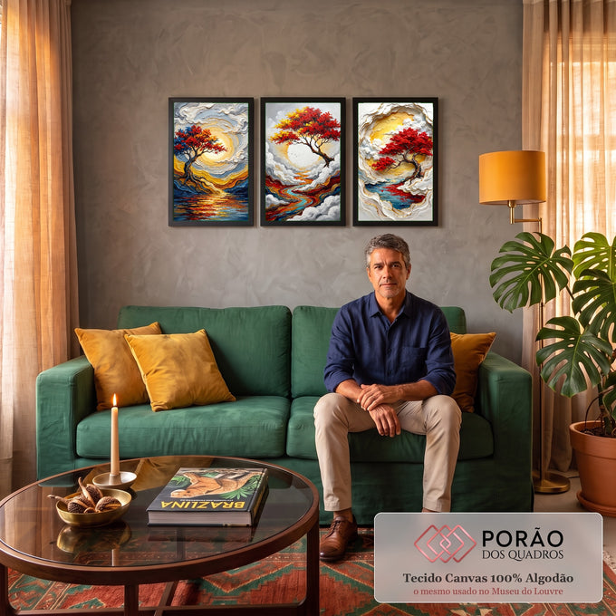 Quadro Decorativo Grande Árvore Vermelha para Sala Dourado | quadros decorativos para sala de estar | árvore de folhas vermelhas sobre sol dourado com nuvens em relevo e rio colorido | em ambiente 3 | Porao dos Quadros