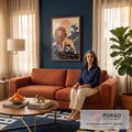 Quadro Decorativo Grande Leão com Juba de Fogo para Sala | quadros decorativos para sala de estar | leão com juba estilizada em chamas laranja sobre rocha, sol e onda japonesa ao fundo | em ambiente 3 | Porao dos Quadros