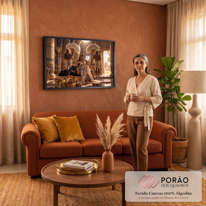 Cleópatra no trono dourado com pantera negra, leques de plumas, colunas com hieróglifos e pirâmides, quadro decorativo