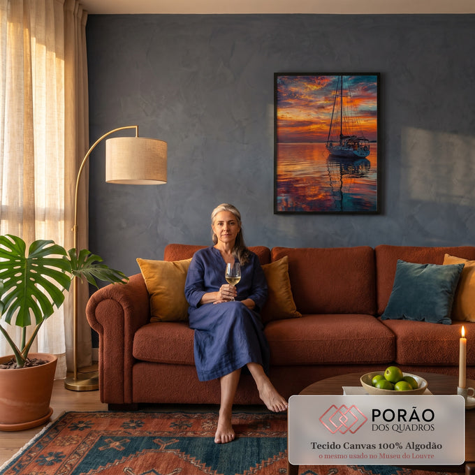 Veleiro ancorado em mar calmo refletindo céu de pôr do sol laranja e azul em pintura, quadro decorativo