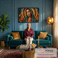 Quadro Decorativo Grande Nossa Senhora Cristais para Sala | quadros decorativos para sala de estar | Nossa Senhora em mosaico de cristais dourados, azuis e vermelhos com halo de estrelas | em ambiente 3 | Porao dos Quadros