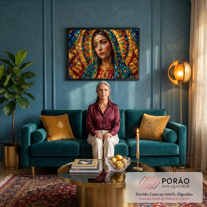 Quadro Decorativo Grande Nossa Senhora Cristais para Sala | quadros decorativos para sala de estar | Nossa Senhora em mosaico de cristais dourados, azuis e vermelhos com halo de estrelas | em ambiente 3 | Porao dos Quadros