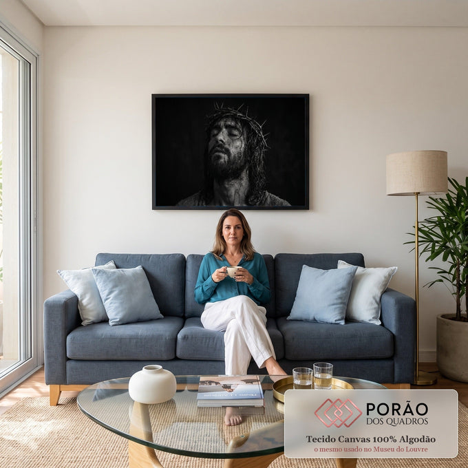 Quadro Decorativo Grande Jesus Branco para Sala | quadros decorativos para sala de estar | homem com coroa de espinhos e gotas de sangue no rosto em preto e branco | em ambiente 3 | Porao dos Quadros