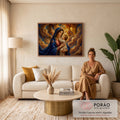 Nossa Senhora de manto azul abraça o Menino Jesus entre nuvens douradas e vitral iluminado, quadro decorativo
