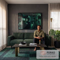Pintura a óleo de arquitetura brutalista verde com escadas e blocos de concreto, quadro decorativo