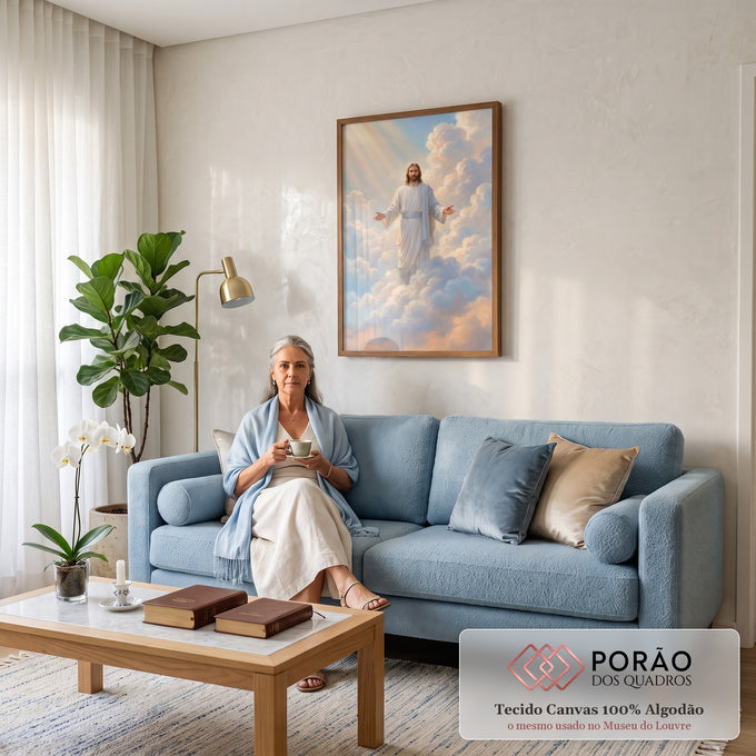 Quadro Decorativo Grande Jesus Cristo de Braços para Sala | quadros decorativos para sala de estar | Jesus Cristo de túnica branca e braços abertos sobre nuvens com raios de luz | em ambiente 3 | Porao dos Quadros