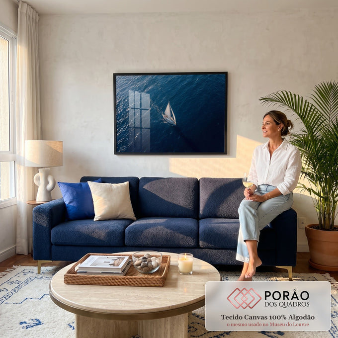 Quadro Decorativo Grande Veleiro Branco Azul para Sala | quadros decorativos para sala de estar | veleiro branco visto de cima navegando em mar azul profundo com rastro de espuma | em ambiente 3 | Porao dos Quadros