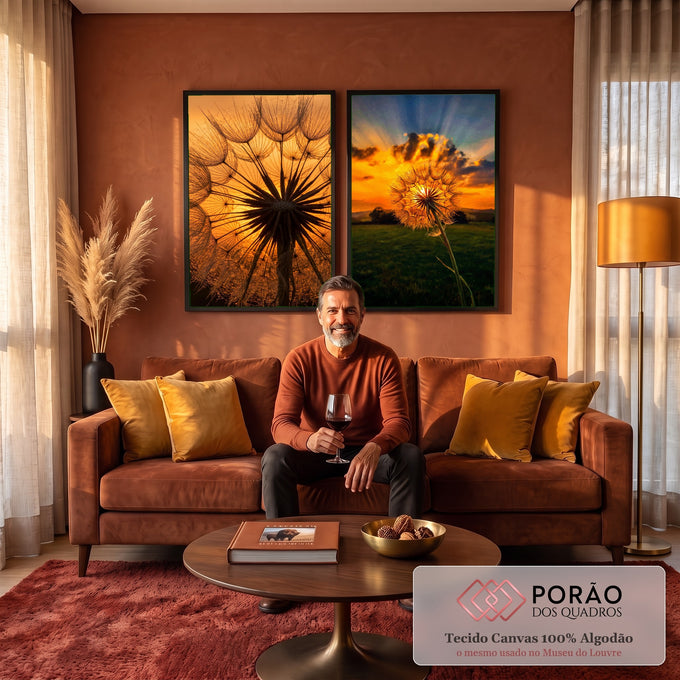 Quadro Decorativo Kit 2 Telas Dente de Leão para Sala | quadros decorativos para sala de estar | dente-de-leão em silhueta e flor inteira contra céu laranja de pôr do sol | em ambiente 3 | Porao dos Quadros