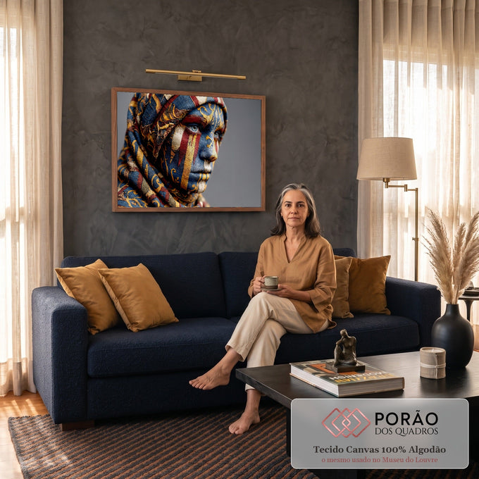 Rosto de mulher com pintura tribal azul, dourada e vermelha e lenço de tecido étnico, quadro decorativo