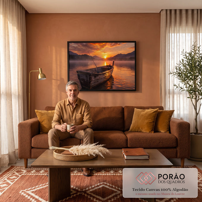 Quadro Decorativo Grande Barco de Pesca Laranja para Sala | quadros decorativos para sala de estar | barco de madeira vazio sobre lago com neblina ao pôr do sol laranja | em ambiente 3 | Porao dos Quadros