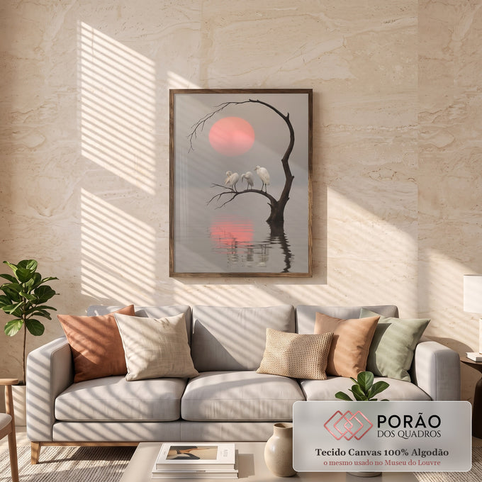 Quadro Decorativo Grande Garças Brancas para Sala Rosa | quadros decorativos para sala de estar | três garças brancas em galho seco com sol rosado refletido na água enevoada | em ambiente 3 | Porao dos Quadros