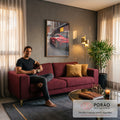 Quadro Decorativo Grande Rodas Douradas para Sala Vermelho | quadros decorativos para sala de estar | carro esportivo vermelho com rodas douradas e aerofólio preto em rua urbana | em ambiente 3 | Porao dos Quadros