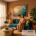 Quadro Decorativo Grande Abstrato e Azul para Sala Dourado | quadros decorativos para sala de estar | pintura abstrata texturizada com metade dourada e metade azul petróleo | em ambiente 3 | Porao dos Quadros