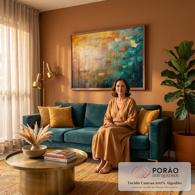 Quadro Decorativo Grande Abstrato e Azul para Sala Dourado | quadros decorativos para sala de estar | pintura abstrata texturizada com metade dourada e metade azul petróleo | em ambiente 3 | Porao dos Quadros