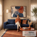 Formas orgânicas em aquarela azul marinho, terracota e bege com linhas e pontos dourados, quadro decorativo