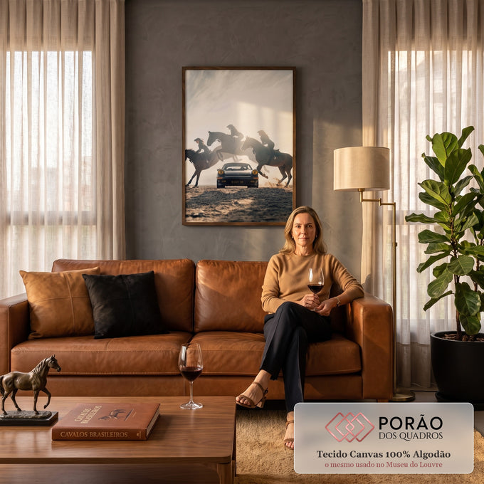 Três cowgirls em cavalos saltando ao redor de um Porsche preto clássico no deserto, quadro decorativo