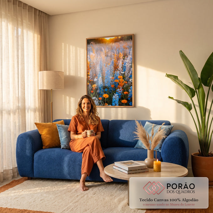 Quadro Decorativo Grande Campo de Flores para Sala Azul | quadros decorativos para sala de estar | campo de flores azuis e laranjas iluminado pelo pôr do sol dourado | em ambiente 3 | Porao dos Quadros