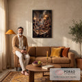Quadro Decorativo Grande Última Ceia Jesus para Sala | quadros decorativos para sala de estar | Jesus entregando pão aos apóstolos numa mesa iluminada por lanternas em interior de pedra | em ambiente 3 | Porao dos Quadros