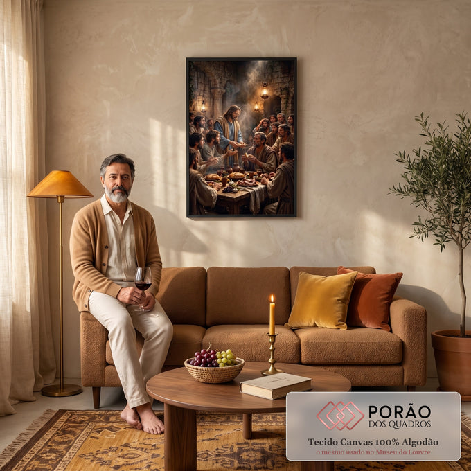 Quadro Decorativo Grande Última Ceia Jesus para Sala | quadros decorativos para sala de estar | Jesus entregando pão aos apóstolos numa mesa iluminada por lanternas em interior de pedra | em ambiente 3 | Porao dos Quadros