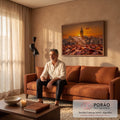 Quadro Decorativo Grande Folha com Gotas de Chuva para Sala | quadros decorativos para sala de estar | folha de carvalho com gotas de água e torre ao fundo em pôr do sol alaranjado | em ambiente 3 | Porao dos Quadros