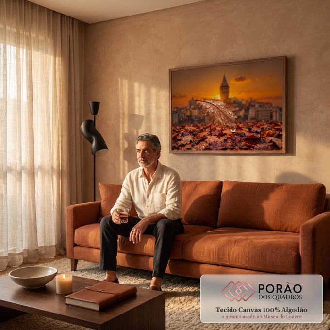 Quadro Decorativo Grande Folha com Gotas de Chuva para Sala | quadros decorativos para sala de estar | folha de carvalho com gotas de água e torre ao fundo em pôr do sol alaranjado | em ambiente 3 | Porao dos Quadros