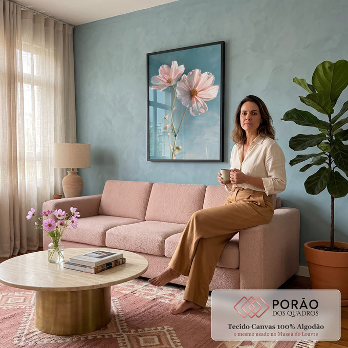 Quadro Decorativo Flores Cosmos Rosa em Fundo Azul Petróleo | quadros decorativos para sala de estar | duas flores cosmos rosa e branca com centro amarelo sobre fundo azul petróleo | em Quadros para Escritorio | Porao dos Quadros