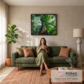 Tronco de árvore gigante visto de baixo com copa verde e luz do sol na floresta, quadro decorativo