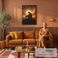Quadro Decorativo Grande Jesus Pastor Laranja para Sala | quadros decorativos para sala de estar | Jesus ajoelhado abraçando um cordeiro branco sob pôr do sol dourado com três cruzes ao fundo | em ambiente 3 | Porao dos Quadros