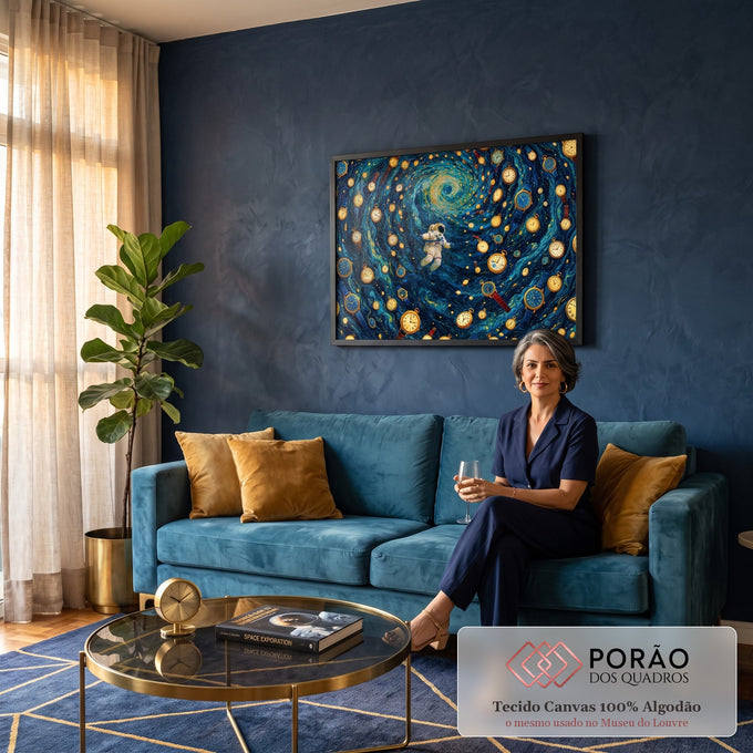Quadro Decorativo Grande Astronauta e Relógios para Sala | quadros decorativos para sala de estar | astronauta flutuando em vórtex azul cercado de relógios dourados e pulseiras coloridas | em ambiente 3 | Porao dos Quadros
