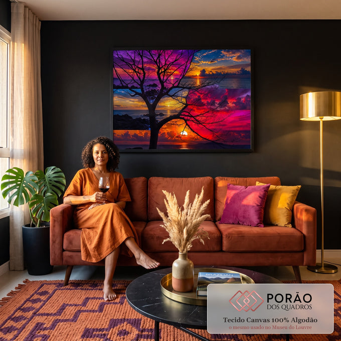 Quadro Decorativo Grande Árvore Silhueta para Sala Roxo | quadros decorativos para sala de estar | silhueta de árvore sem folhas contra céu em faixas de pôr do sol roxo laranja e vermelho | em ambiente 3 | Porao dos Quadros