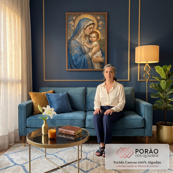 Quadro Decorativo Grande Nossa Senhora Art Nouveau para Sala | quadros decorativos para sala de estar | Nossa Senhora de manto azul abraçando o Menino Jesus com auréolas douradas | em ambiente 3 | Porao dos Quadros