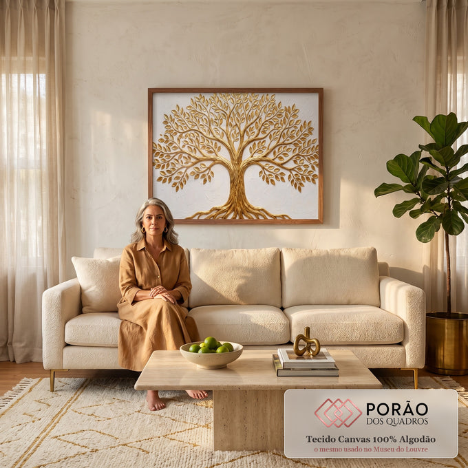 Árvore da vida dourada em relevo com raízes e folhas sobre fundo branco texturizado, quadro decorativo