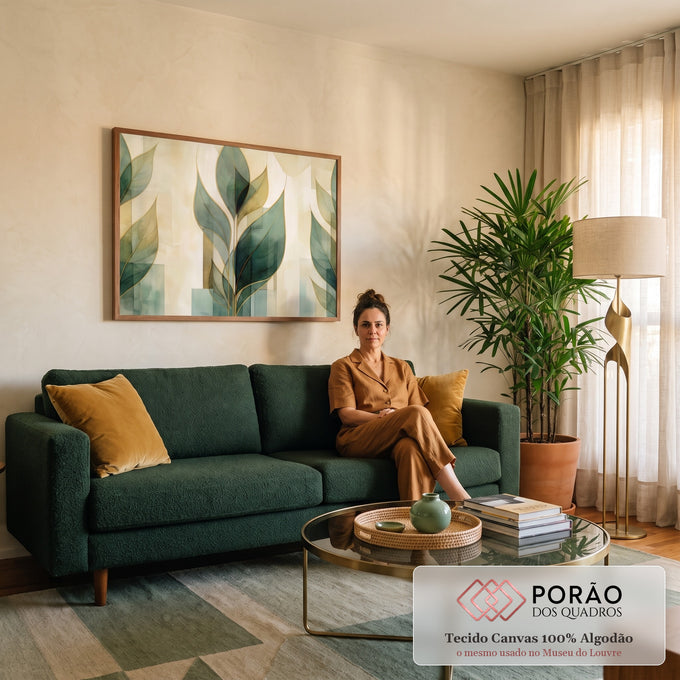 Quadro Decorativo Grande Folhas Verdes para Sala Verde | quadros decorativos para sala de estar | folhas estilizadas verdes com contorno dourado sobre fundo bege geométrico | em ambiente 3 | Porao dos Quadros