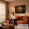 Quadro Decorativo Grande Família Leoa para Sala Laranja | quadros decorativos para sala de estar | família de leões sobre rocha em floresta ao pôr do sol laranja | em ambiente 3 | Porao dos Quadros