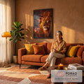 Quadro Decorativo Grande Jesus Cristo Juba Dourada para Sala | quadros decorativos para sala de estar | rosto de Jesus com coroa de espinhos ao lado de um leão dourado em fundo de fogo | em ambiente 3 | Porao dos Quadros