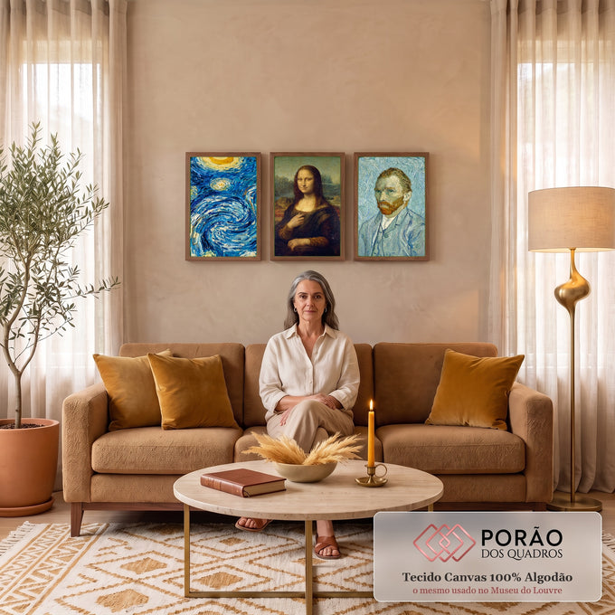 Quadro Decorativo Kit 3 Telas Van Gogh e Mona Lisa para Sala | quadros decorativos para sala de estar | trio de obras clássicas com Noite Estrelada, Mona Lisa e autorretrato de Van Gogh | em ambiente 3 | Porao dos Quadros