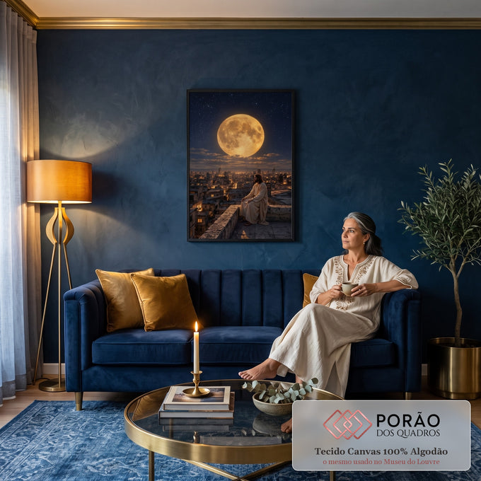 Quadro Decorativo Grande Homem de Túnica para Sala Dourado | quadros decorativos para sala de estar | homem de túnica branca sentado em telhado observando lua dourada gigante sobre cidade noturna | em ambiente 3 | Porao dos Quadros