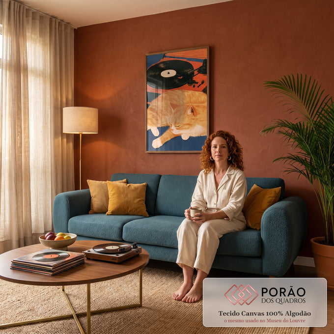 Quadro Decorativo Gato Laranja Dormindo ao Lado da Vitrola | quadros decorativos para sala de estar | gato laranja dormindo ao lado de vitrola tocando disco de vinil | em ambiente 3 | Porao dos Quadros