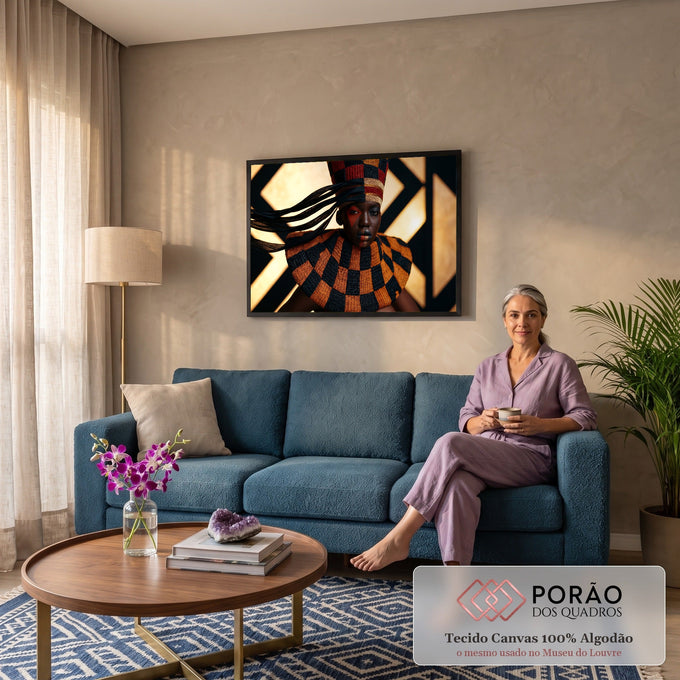 Mulher negra com chapéu alto, gola trançada xadrez laranja e preto e fundo geométrico dourado, quadro decorativo