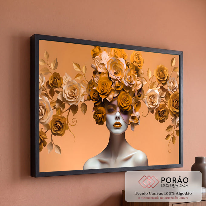 Mulher com rosas laranja e douradas cobrindo a cabeça e um olho sobre fundo laranja, quadro decorativo