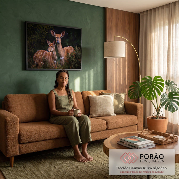 Quadro Decorativo Grande Filhotes de Antílope para Sala | quadros decorativos para sala de estar | dois filhotes de antílope nyala com listras brancas em fundo de floresta escura | em ambiente 3 | Porao dos Quadros