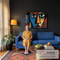 Quadro Decorativo Rosto Tribal Geométrico em Azul Vermelho | quadros decorativos para sala de estar | rosto estilizado geométrico em azul, vermelho e dourado com padrões tribais | em ambiente 3 | Porao dos Quadros