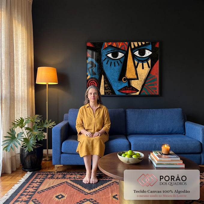 Quadro Decorativo Rosto Tribal Geométrico em Azul Vermelho | quadros decorativos para sala de estar | rosto estilizado geométrico em azul, vermelho e dourado com padrões tribais | em ambiente 3 | Porao dos Quadros