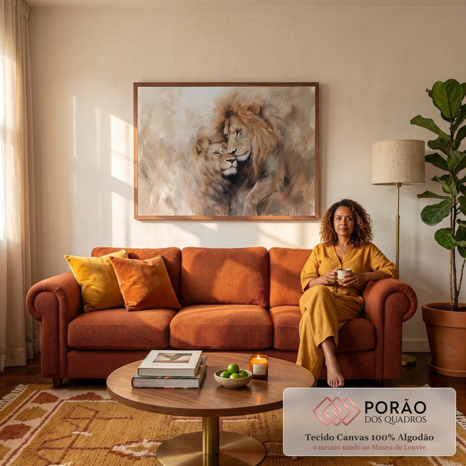 Leão e leoa abraçados em pintura de pinceladas suaves em tons bege e caramelo, quadro decorativo