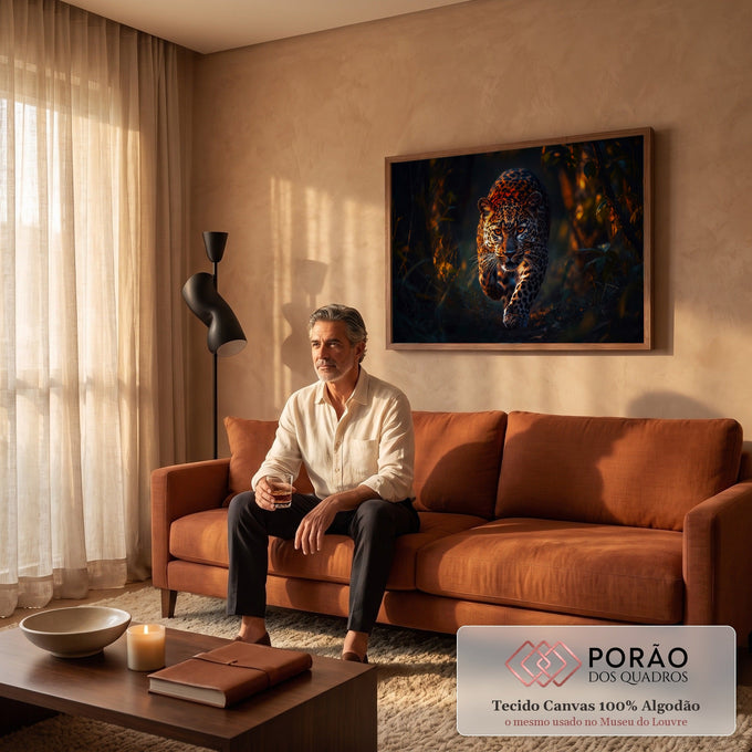 Quadro Decorativo Grande Leopardo Floresta para Sala Marrom | quadros decorativos para sala de estar | leopardo caminhando por floresta escura com luz dourada e olhos âmbar | em ambiente 3 | Porao dos Quadros