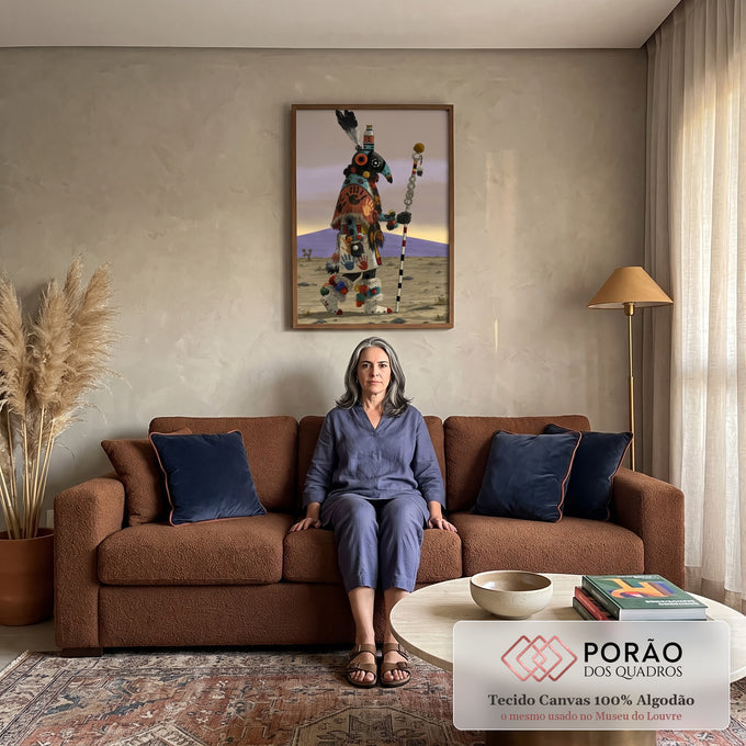 Quadro Decorativo Xamã Robótico com Máscara de Pássaro | quadros decorativos para sala de estar | figura robótica com cabeça de pássaro e manto pintado caminhando pelo deserto ao entardecer | em ambiente 3 | Porao dos Quadros