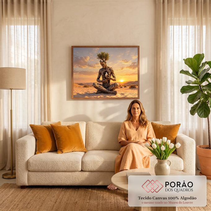 Quadro Decorativo Grande Figura de Madeira Marrom para Sala | quadros decorativos para sala de estar | figura humanoide de tronco em meditação com pomba branca no peito ao pôr do sol | em ambiente 3 | Porao dos Quadros