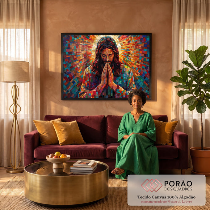Quadro Decorativo Grande Jesus em Oração Mosaico para Sala | quadros decorativos para sala de estar | Jesus em oração com mãos postas e halo dourado em fundo de mosaico colorido | em ambiente 3 | Porao dos Quadros