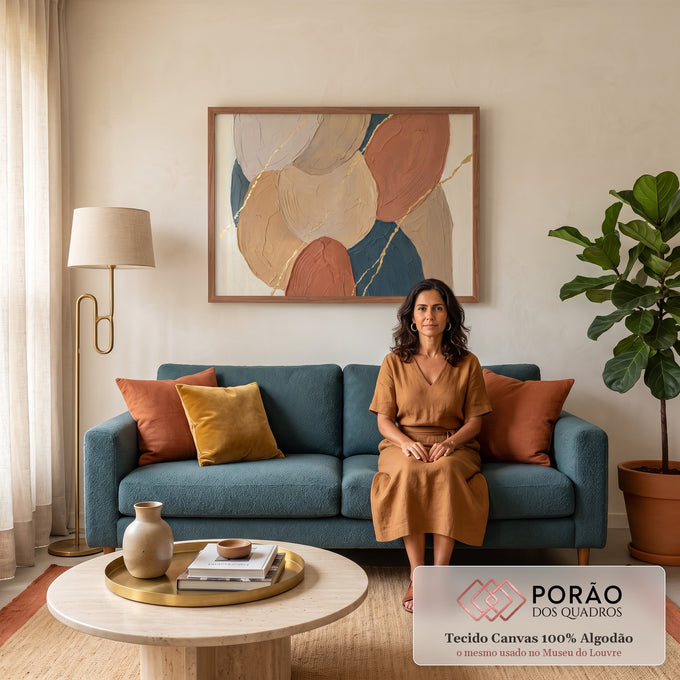 Abstrato texturizado bege, terracota e azul petróleo com linhas em folha de ouro, quadro decorativo